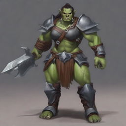 A large female orc warrior with a muscular build and a prominent chest