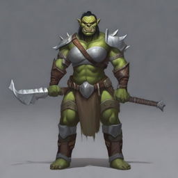 A large female orc warrior with a muscular build and a prominent chest