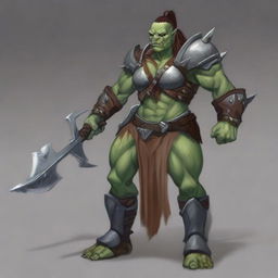 A large female orc warrior with a muscular build and a prominent chest