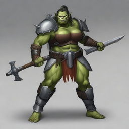 A large female orc warrior with a muscular build and large breasts