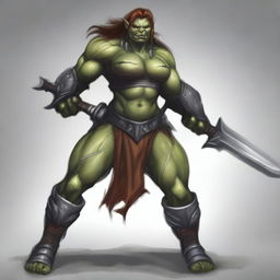 A large female orc warrior with a muscular build and large breasts