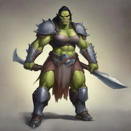 A large female orc warrior with a muscular build and large breasts