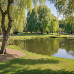 A serene park with lush green grass, a sparkling pond, trailing willow trees, and a colourful playground basking in afternoon sun.