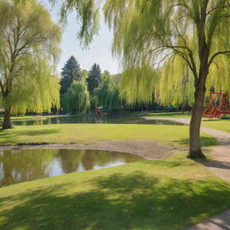 A serene park with lush green grass, a sparkling pond, trailing willow trees, and a colourful playground basking in afternoon sun.