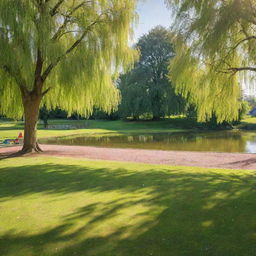 A serene park with lush green grass, a sparkling pond, trailing willow trees, and a colourful playground basking in afternoon sun.