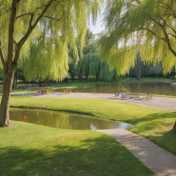 A serene park with lush green grass, a sparkling pond, trailing willow trees, and a colourful playground basking in afternoon sun.