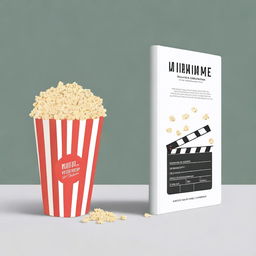 A minimalist book cover design featuring a film clapboard and a bucket of popcorn