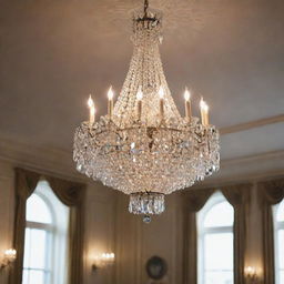 An elegant, crystal chandelier sparkling with light in a grand, high ceiling room.