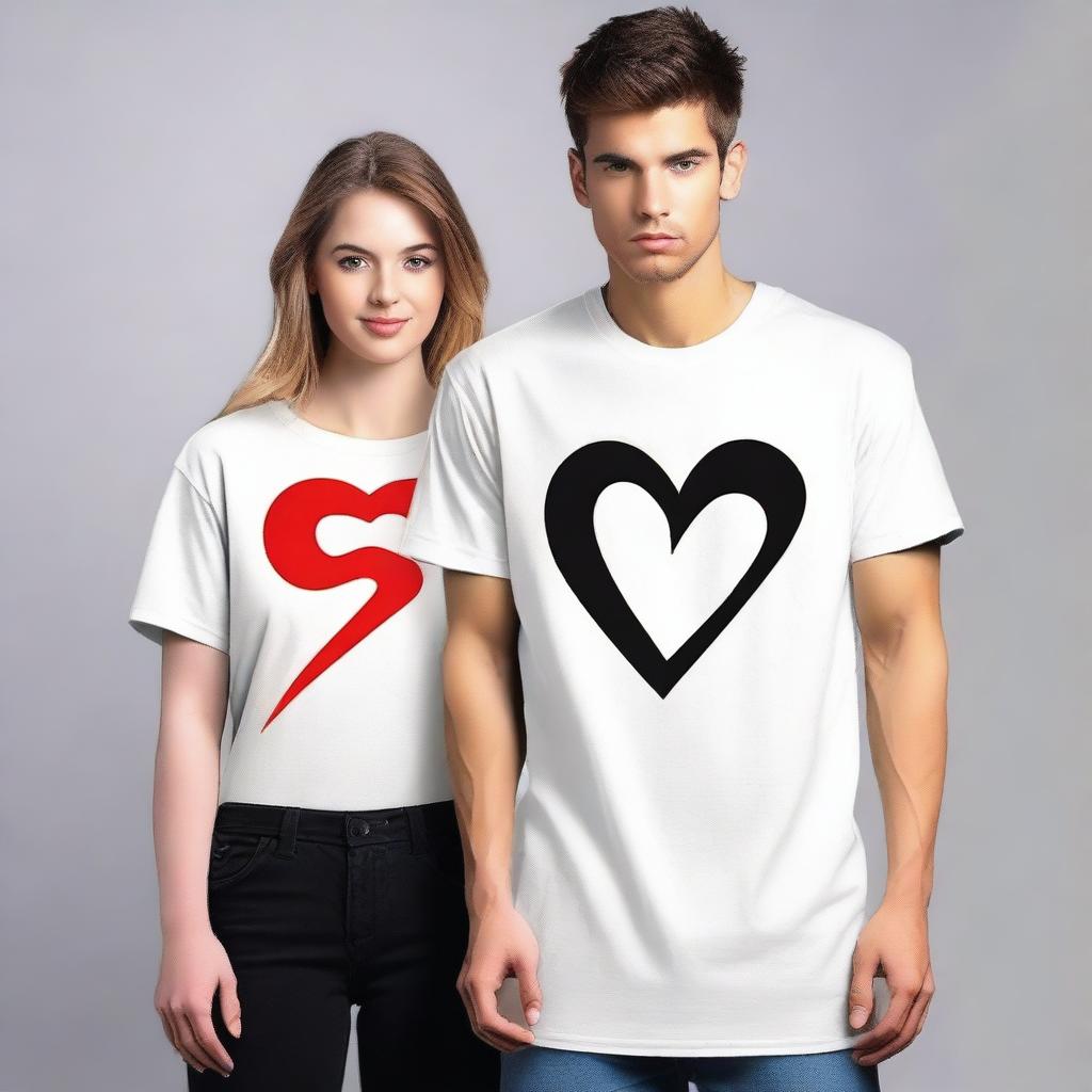 Create a pair of oversized t-shirts for couples, featuring a front design that can be adapted to A2, A3, and A4 sizes