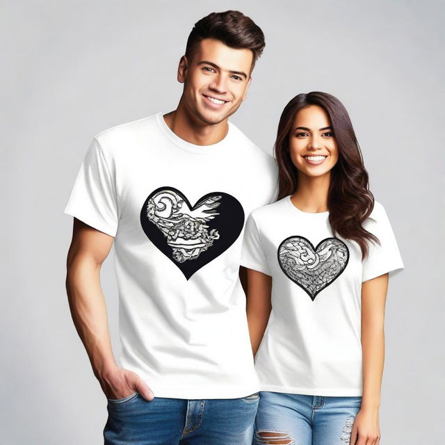 Design a pair of oversized t-shirts for couples, featuring a front design that can be adapted to A2, A3, and A4 sizes