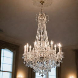 An elegant, crystal chandelier sparkling with light in a grand, high ceiling room.