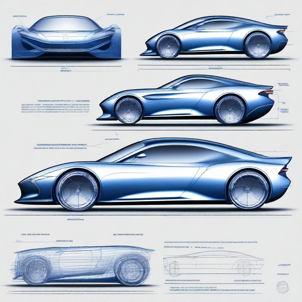 Create a 2D blueprint-style image of a concept car