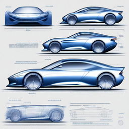 Create a 2D blueprint-style image of a concept car