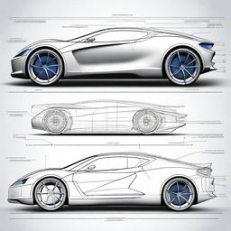 Create a 2D blueprint-style image of a concept car