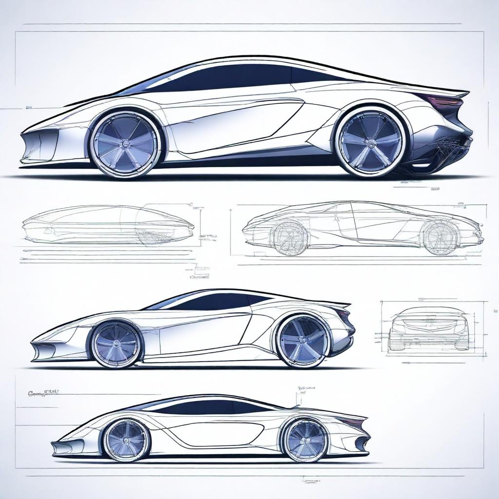 Create a 2D blueprint-style image of a concept car