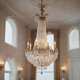 An elegant, crystal chandelier sparkling with light in a grand, high ceiling room.