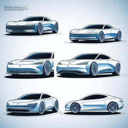 Create a 2D blueprint-style image featuring different models of concept cars