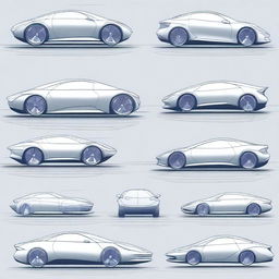 Create a 2D blueprint-style image featuring different models of concept cars