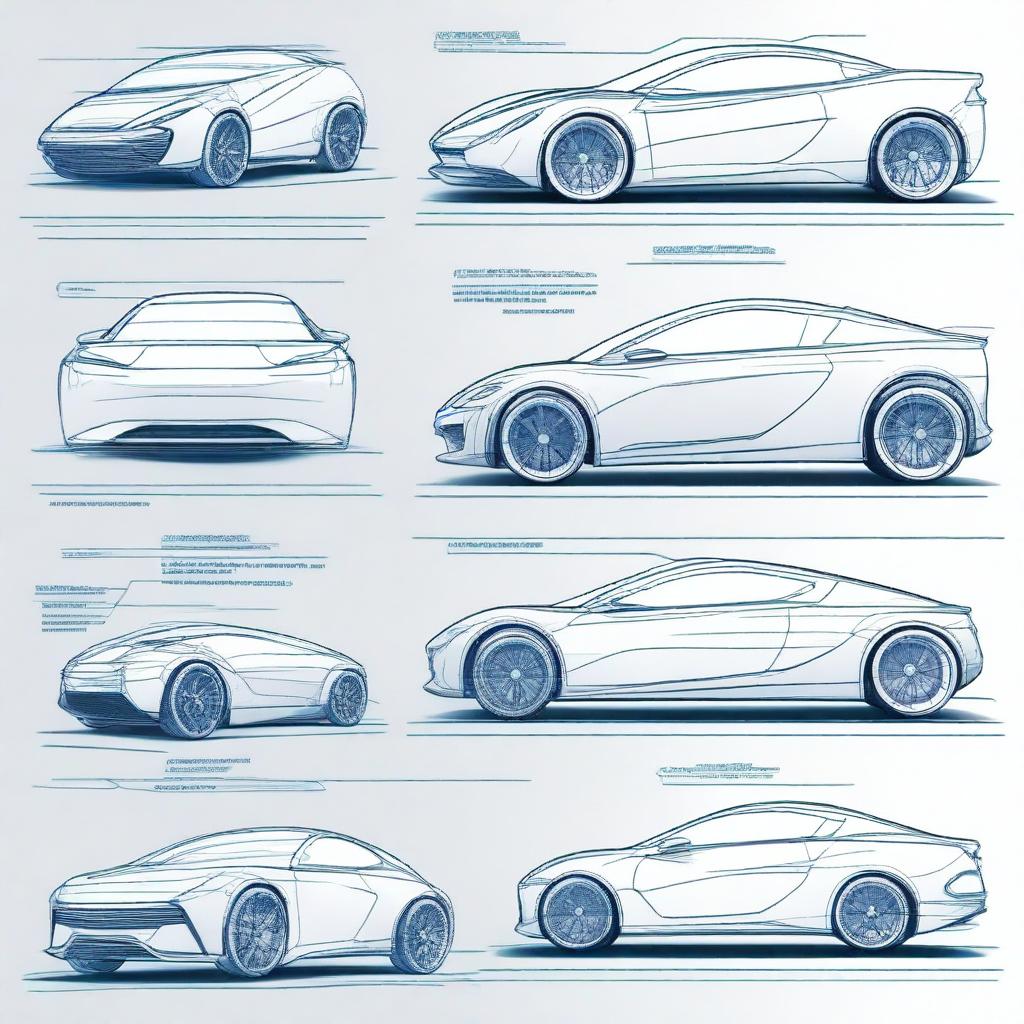 Create a 2D blueprint-style image featuring different models of concept cars