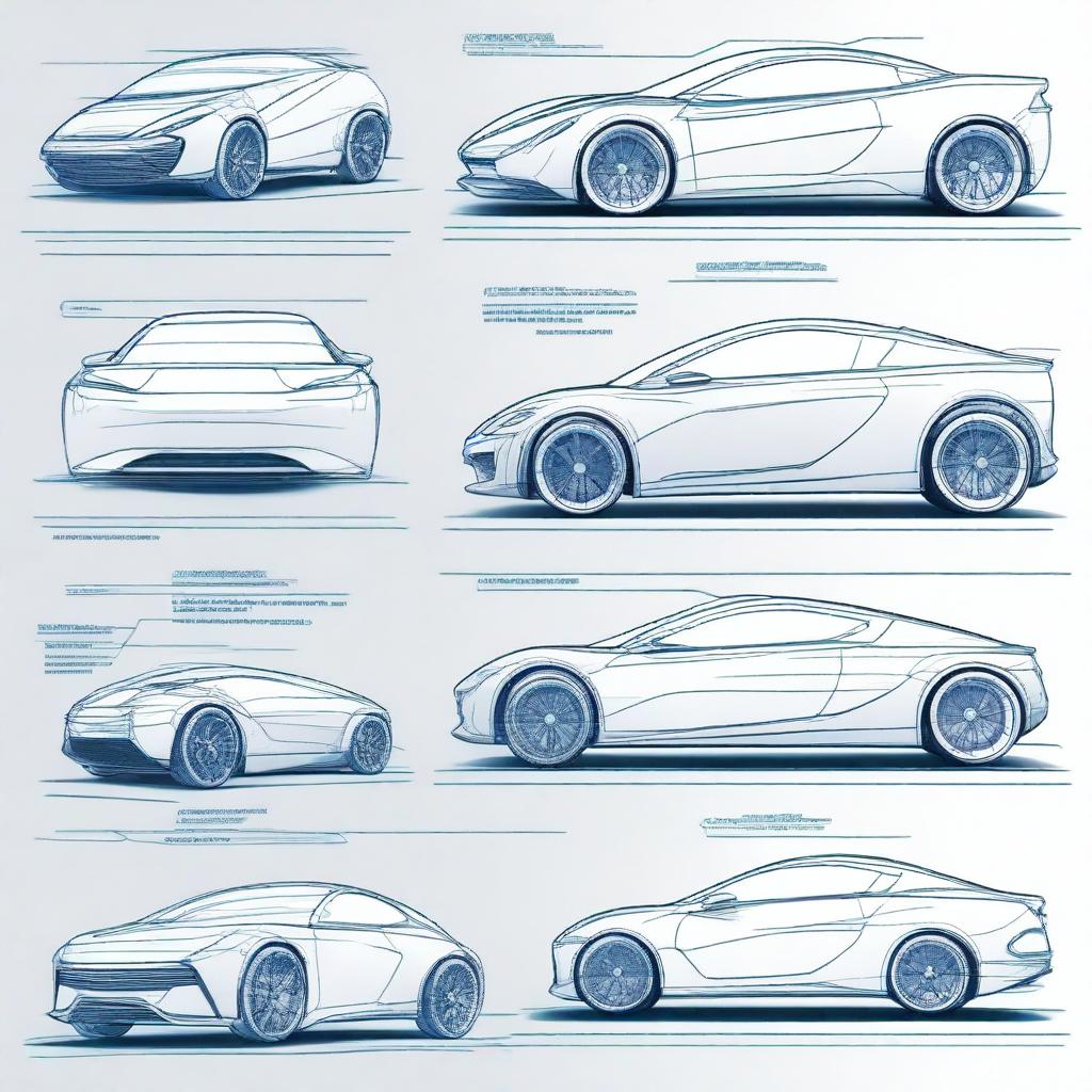 Create a 2D blueprint-style image featuring different models of concept cars