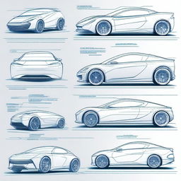 Create a 2D blueprint-style image featuring different models of concept cars