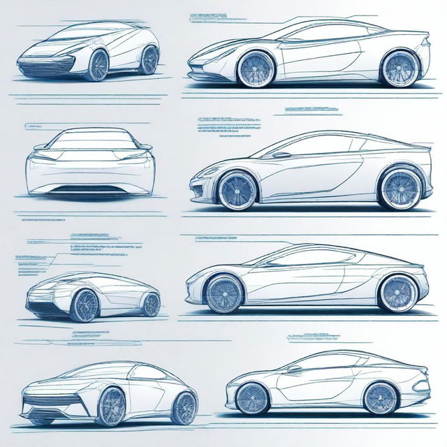 Create a 2D blueprint-style image featuring different models of concept cars