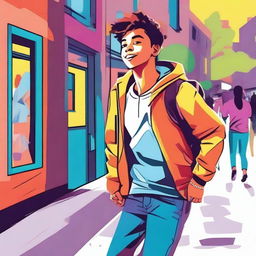 A vibrant and energetic illustration of a teenager enjoying their day