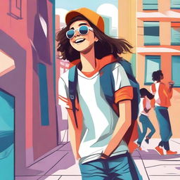 A vibrant and energetic illustration of a teenager enjoying their day