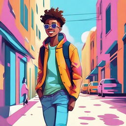 A vibrant and energetic illustration of a teenager enjoying their day