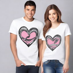 Design a pair of oversized t-shirts for couples, each featuring a different design on the front that can be adapted to A2, A3, and A4 sizes