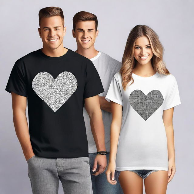 Design a pair of oversized t-shirts for couples, each featuring a different design on the front that can be adapted to A2, A3, and A4 sizes