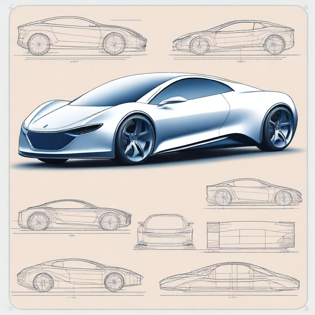 Create a 2D blueprint-style image featuring different models of concept cars that do not entirely resemble the base car