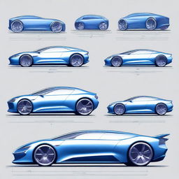 Create a 2D blueprint-style image featuring different models of concept cars that do not entirely resemble the base car