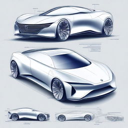 Create a 2D blueprint-style image featuring different models of concept cars that do not entirely resemble the base car