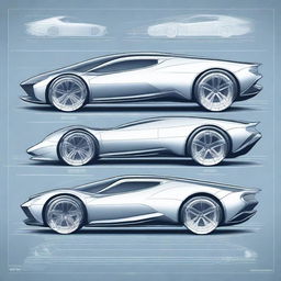 Create a 2D blueprint-style image featuring different models of concept cars that do not entirely resemble the base car