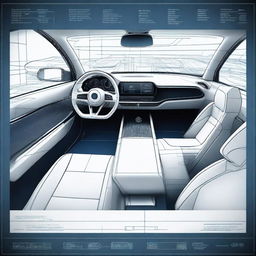 Create a detailed 2D blueprint-style image of the interior of a concept car from the driver's perspective