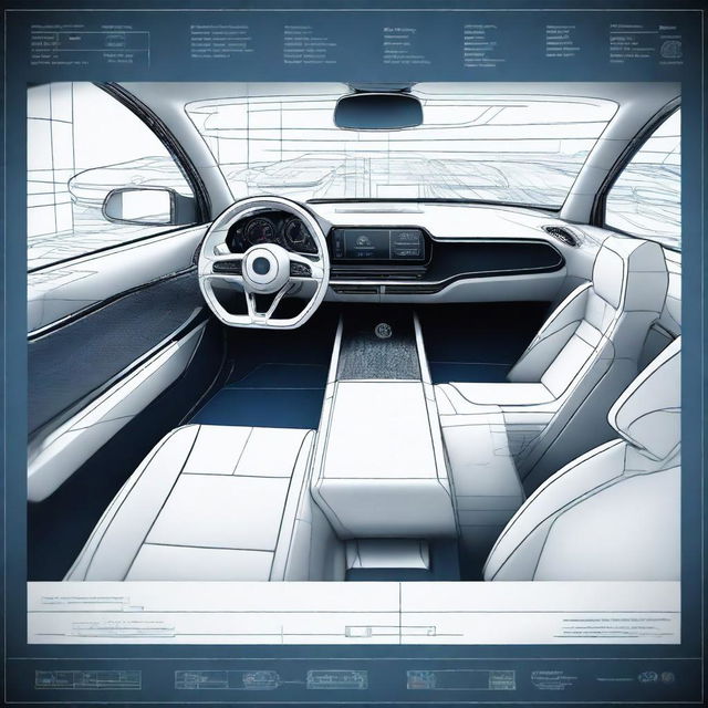 Create a detailed 2D blueprint-style image of the interior of a concept car from the driver's perspective