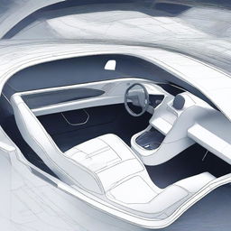 Create a detailed 2D blueprint-style image of the interior of a concept car from the driver's perspective