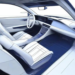 Create a detailed 2D blueprint-style image of the interior of a concept car from the driver's perspective