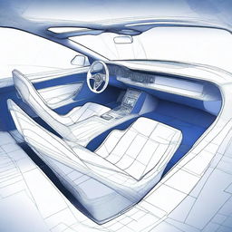 Create a detailed 2D blueprint-style image of the interior of a concept car from the driver's perspective