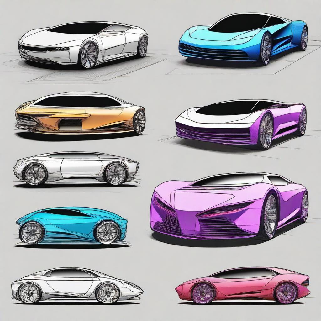 Create a 2D blueprint-style image featuring different models of concept cars with added color