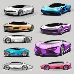 Create a 2D blueprint-style image featuring different models of concept cars with added color