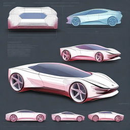 Create a 2D blueprint-style image featuring different models of concept cars with added color