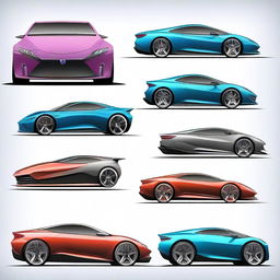 Create a 2D blueprint-style image featuring different models of concept cars with added color