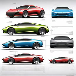 Create a 2D blueprint-style image featuring different models of concept cars with added color