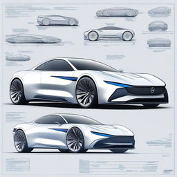 Create a 2D blueprint-style image featuring different models of concept cars