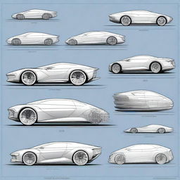 Create a 2D blueprint-style image featuring different models of concept cars