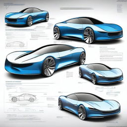 Create a 2D blueprint-style image featuring different models of concept cars