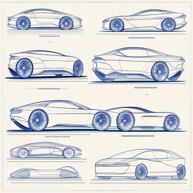 Create a 2D blueprint-style image featuring different models of concept cars