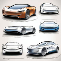 Create a 2D blueprint-style image featuring different models of concept cars with a focus on the interior from the driver's perspective